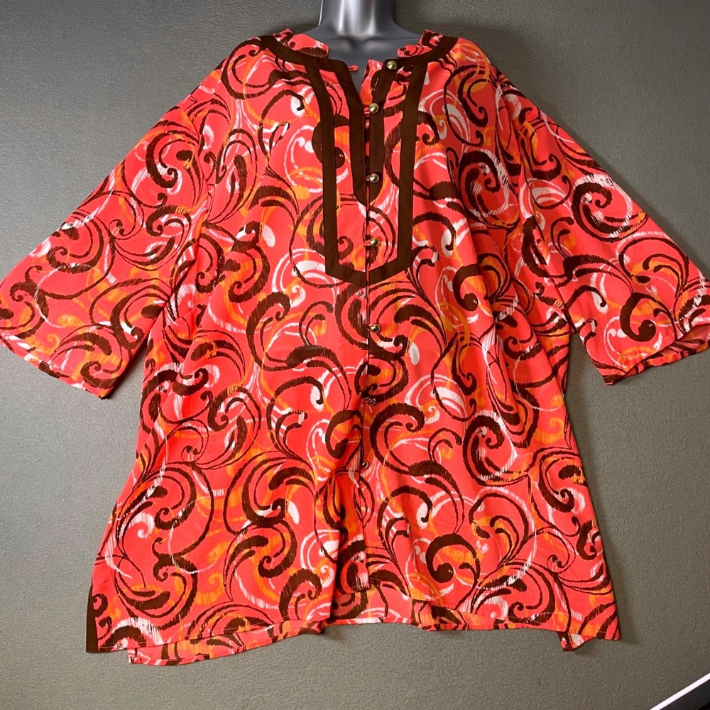 Maggie Barnes Women Tunic Blouse Orange Scroll‎ Print 5X 34/36W Boho Retro